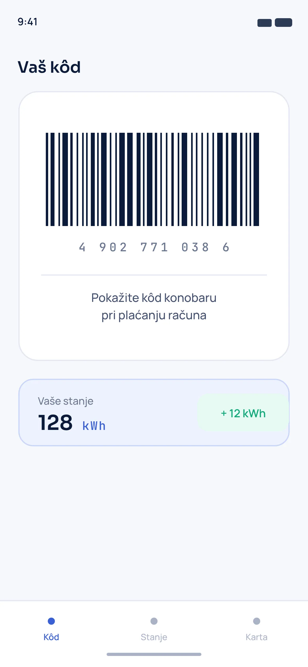 Zaslon s barkodom u aplikaciji EnergoLoyalty